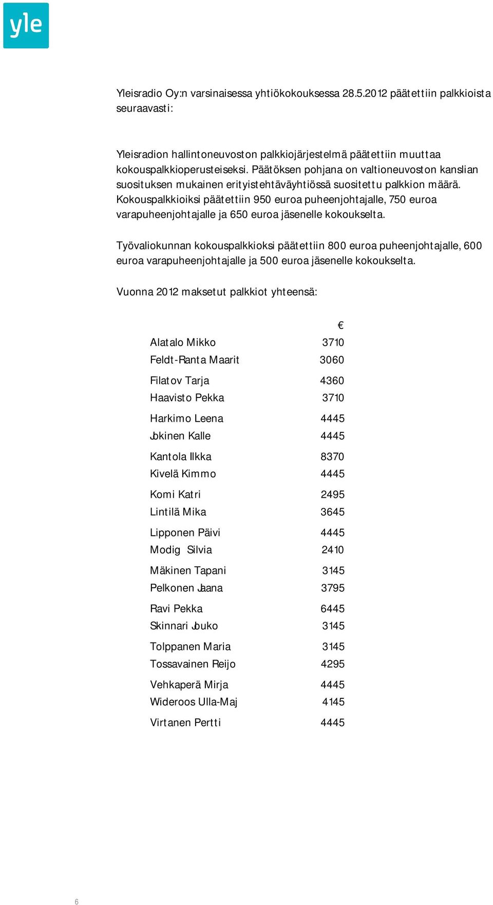 Kokouspalkkioiksi päätettiin 950 euroa puheenjohtajalle, 750 euroa varapuheenjohtajalle ja 650 euroa jäsenelle kokoukselta.