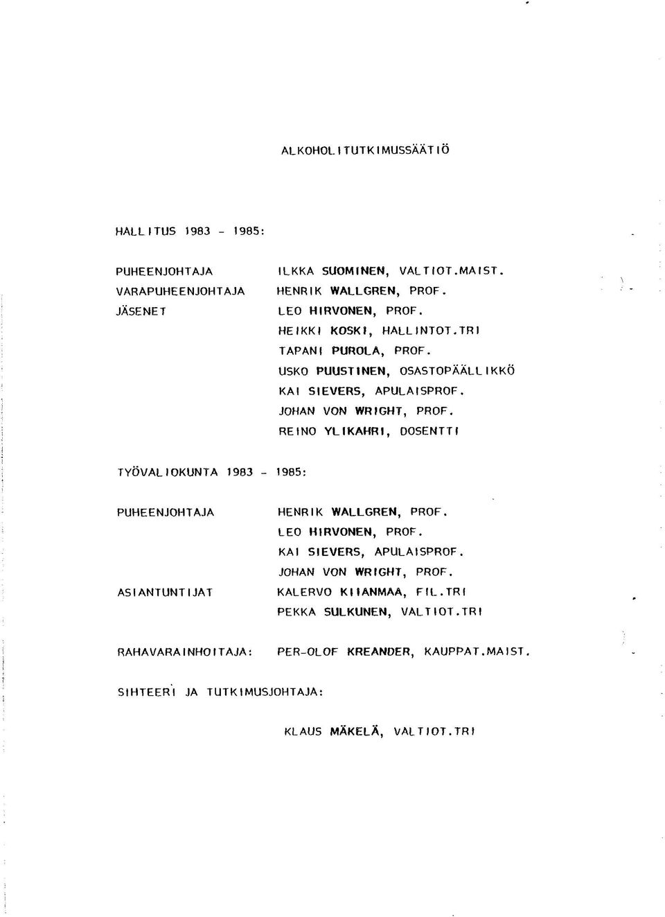 REINO YLIKAHRI, DOSENTTI ; TYÖVALIOKUNTA 1983-1985: PUHEENJOHTAJA ASIANTUNTIJAT HENRIK WALLGREN, PROF. LEO HIRVONEN, PROF. KAI SIEVERS, APULAISPROF.