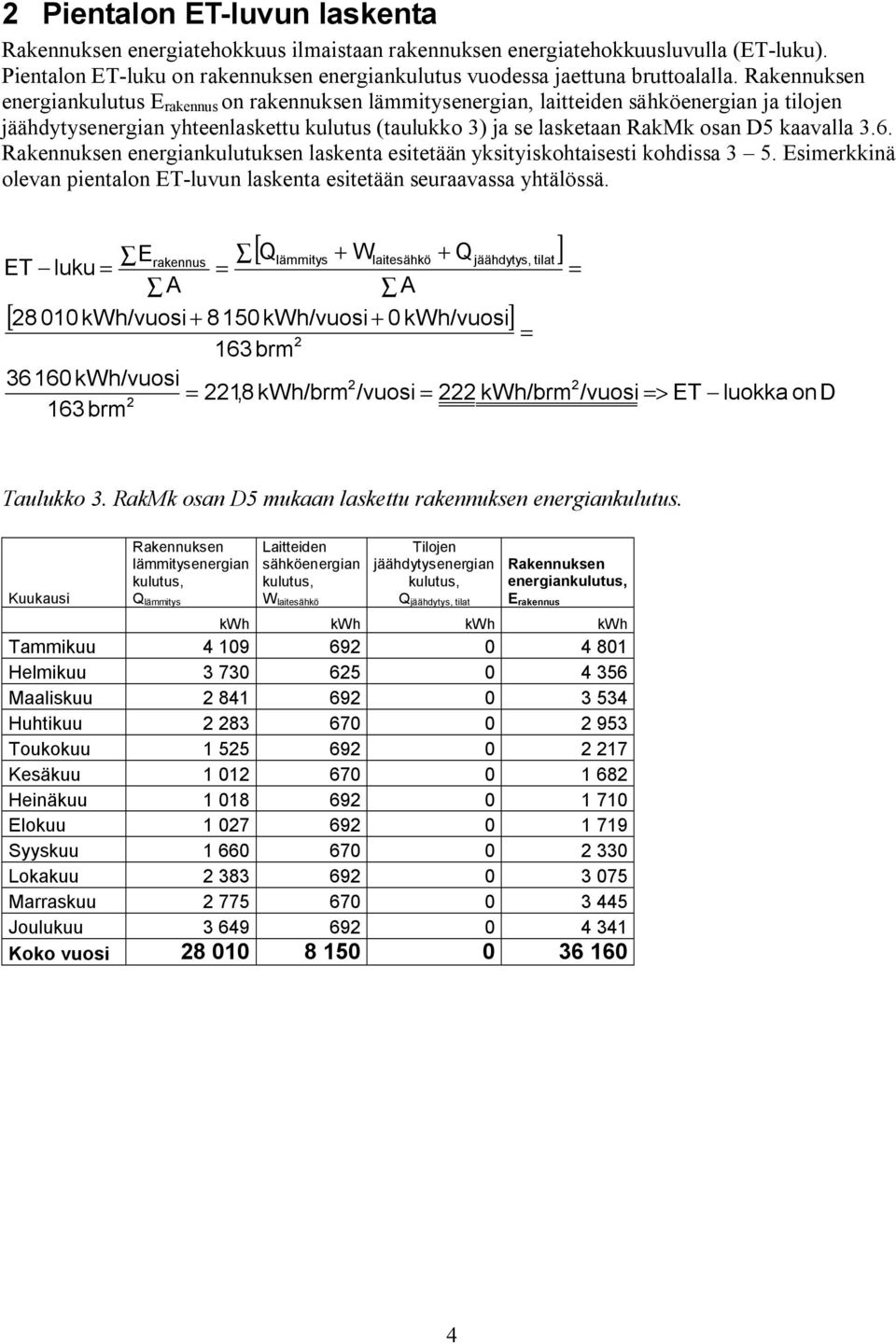 kaavalla 3.6. Rakennuksen energiankulutuksen laskenta esitetään yksityiskohtaisesti kohdissa 3 5. Esimerkkinä olevan pientalon ET luvun laskenta esitetään seuraavassa yhtälössä.
