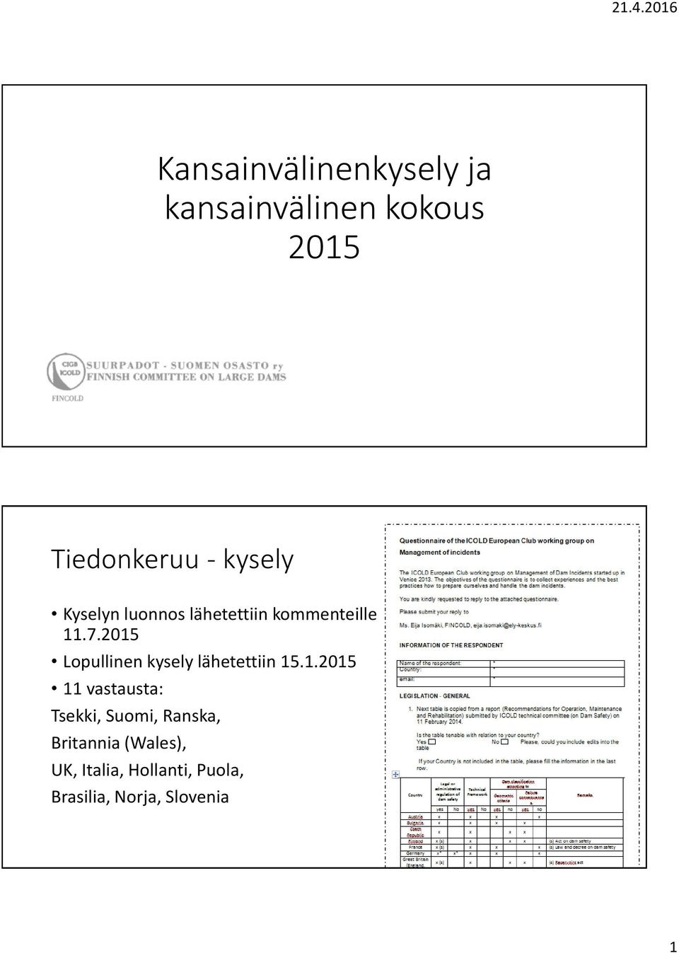 2015 Lopullinen kysely lähetettiin 15.1.2015 11 vastausta: Tsekki,