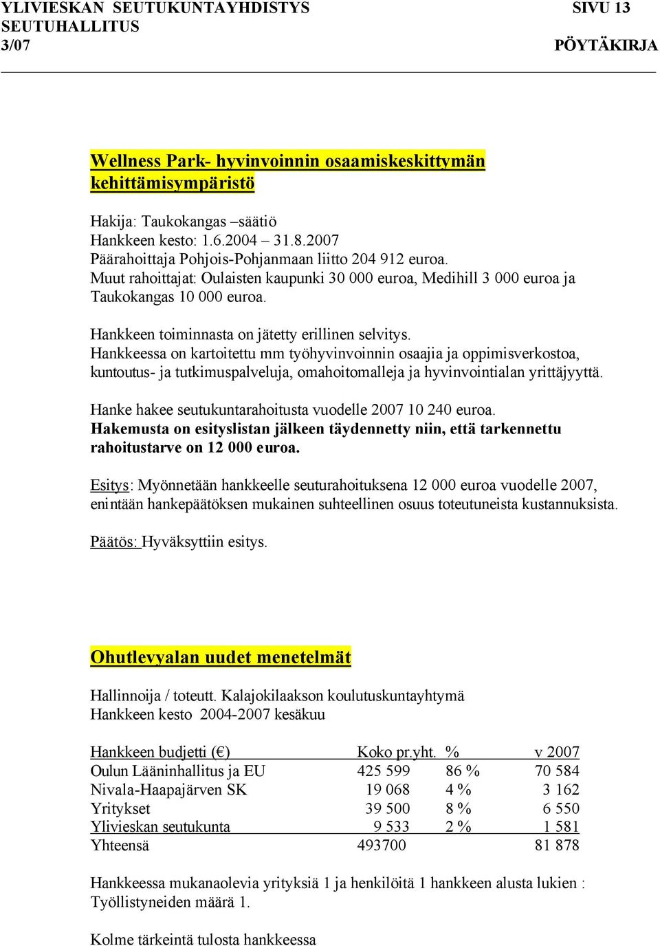 Hankkeen toiminnasta on jätetty erillinen selvitys.