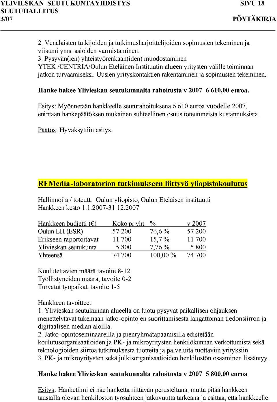 Uusien yrityskontaktien rakentaminen ja sopimusten tekeminen. Hanke hakee Ylivieskan seutukunnalta rahoitusta v 2007 6 610,00 euroa.