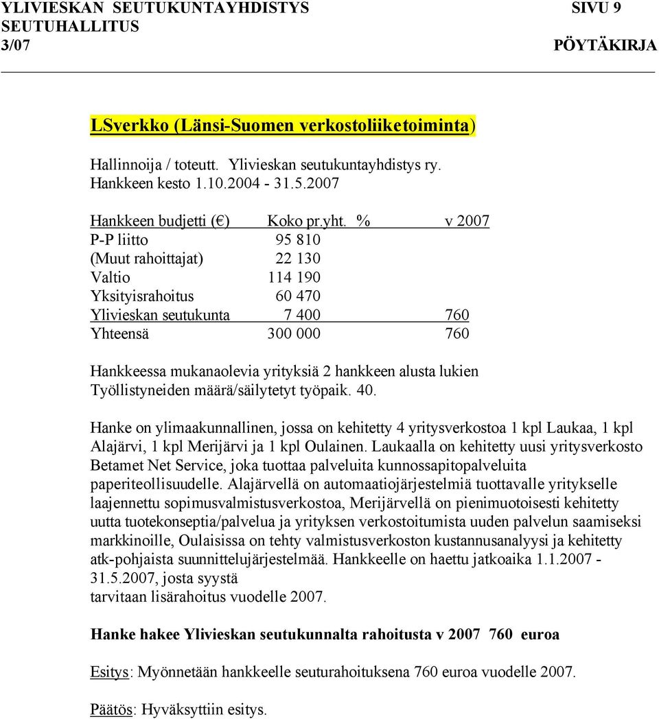 Työllistyneiden määrä/säilytetyt työpaik. 40. Hanke on ylimaakunnallinen, jossa on kehitetty 4 yritysverkostoa 1 kpl Laukaa, 1 kpl Alajärvi, 1 kpl Merijärvi ja 1 kpl Oulainen.