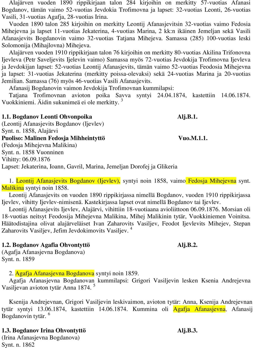 Vuoden 1890 talon 285 kirjoihin on merkitty Leontij Afanasjevitsin 32-vuotias vaimo Fedosia Mihejevna ja lapset 11-vuotias Jekaterina, 4-vuotias Marina, 2 kk:n ikäinen Jemeljan sekä Vasili