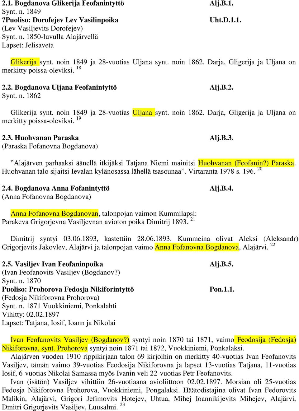 noin 1849 ja 28-vuotias Uljana synt. noin 1862. Darja, Gligerija ja Uljana on merkitty poissa-oleviksi. 19 2.3.