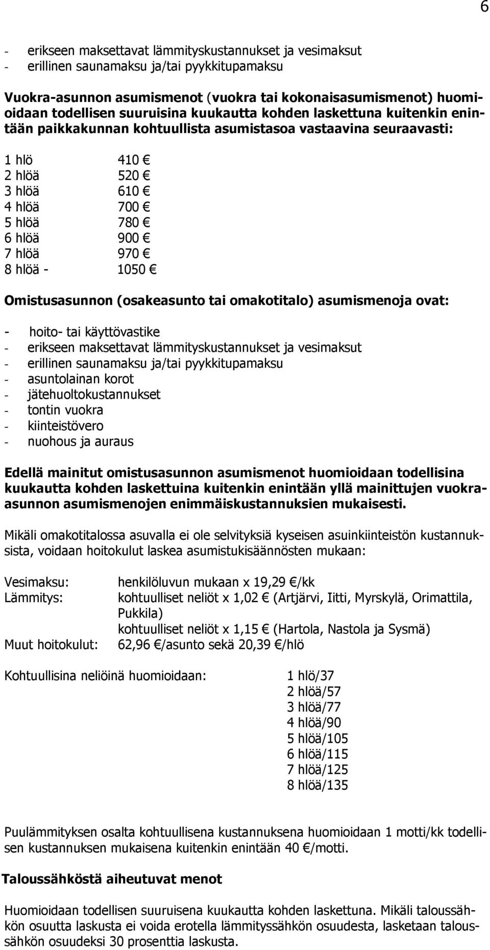 (sakeasunt tai maktital) asumismenja vat: - hit- tai käyttövastike - erikseen maksettavat lämmityskustannukset ja vesimaksut - erillinen saunamaksu ja/tai pyykkitupamaksu - asuntlainan krt -