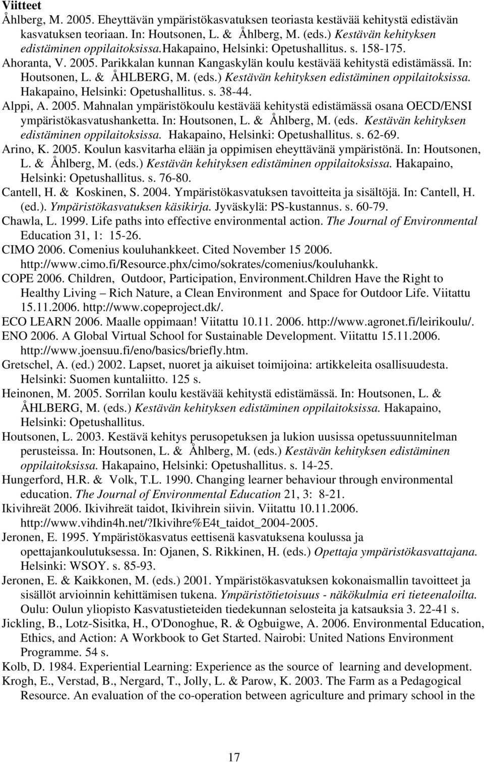In: Houtsonen, L. & ÅHLBERG, M. (eds.) Kestävän kehityksen edistäminen oppilaitoksissa. Hakapaino, Helsinki: Opetushallitus. s. 38-44. Alppi, A. 2005.