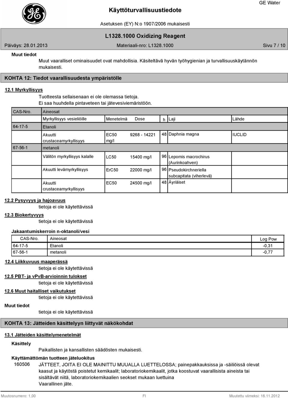 64-17-5 67-56-1 Aineosat Myrkyllisyys vesieliöille Menetelmä Dose h Laji Lähde Etanoli Akuutti crustaceamyrkyllisyys metanoli EC50 9268-14221 mg/l 48 Daphnia magna IUCLID Välitön myrkyllisyys kalalle