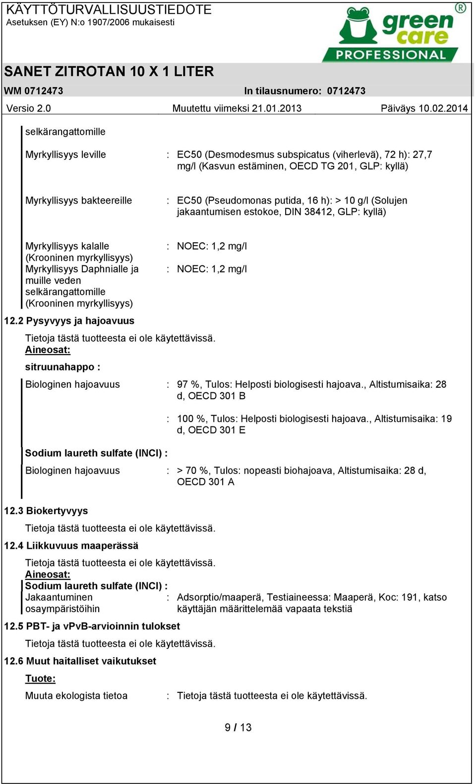myrkyllisyys) : NOEC: 1,2 mg/l : NOEC: 1,2 mg/l 12.2 Pysyvyys ja hajoavuus Aineosat: sitruunahappo : Biologinen hajoavuus : 97 %, Tulos: Helposti biologisesti hajoava.