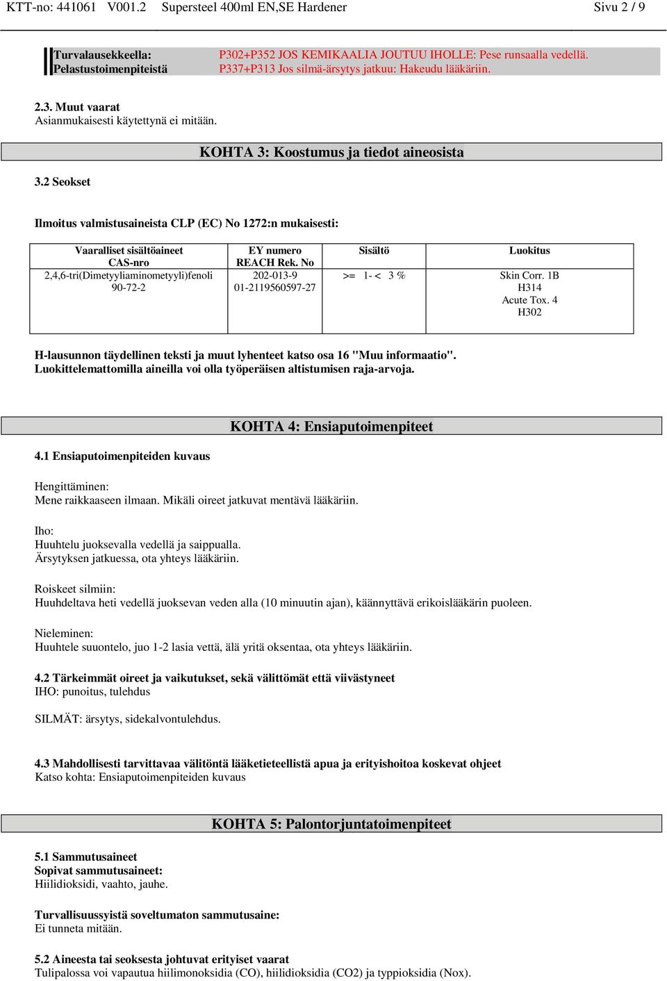 2 Seokset KOHTA 3: Koostumus ja tiedot aineosista Ilmoitus valmistusaineista CLP (EC) No 1272:n mukaisesti: EY numero REACH Rek. No 202-013-9 01-2119560597-27 Sisältö Luokitus >= 1- < 3 % Skin Corr.