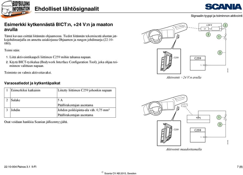 Liitä aktivointikaapeli liittimen C259 mihin tahansa napaan. 2. Käytä BICT-työkalua (Bodywork Interface Configuration Tool), joka ohjaa toiminnon valittuun napaan.