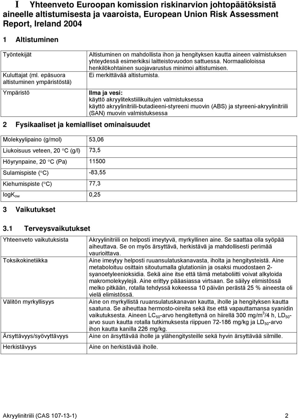 -83,55 Kiehumispiste ( C) 77,3 logk ow 0,25 3 Vaikutukset 3.