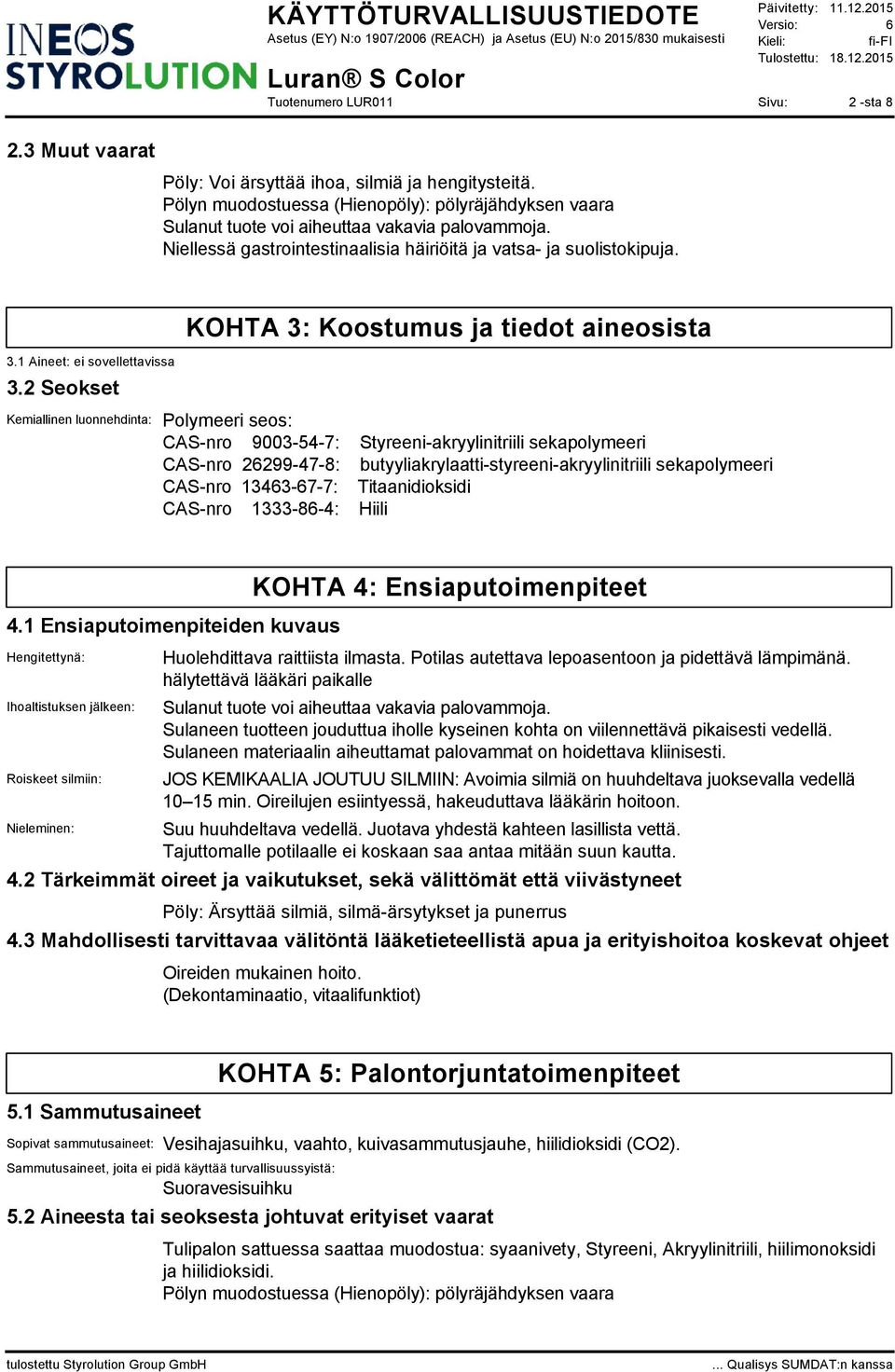 2 Seokset Kemiallinen luonnehdinta: KOHTA 3: Koostumus ja tiedot aineosista Polymeeri seos: CAS-nro 9003-54-7: Styreeni-akryylinitriili sekapolymeeri CAS-nro 26299-47-8: