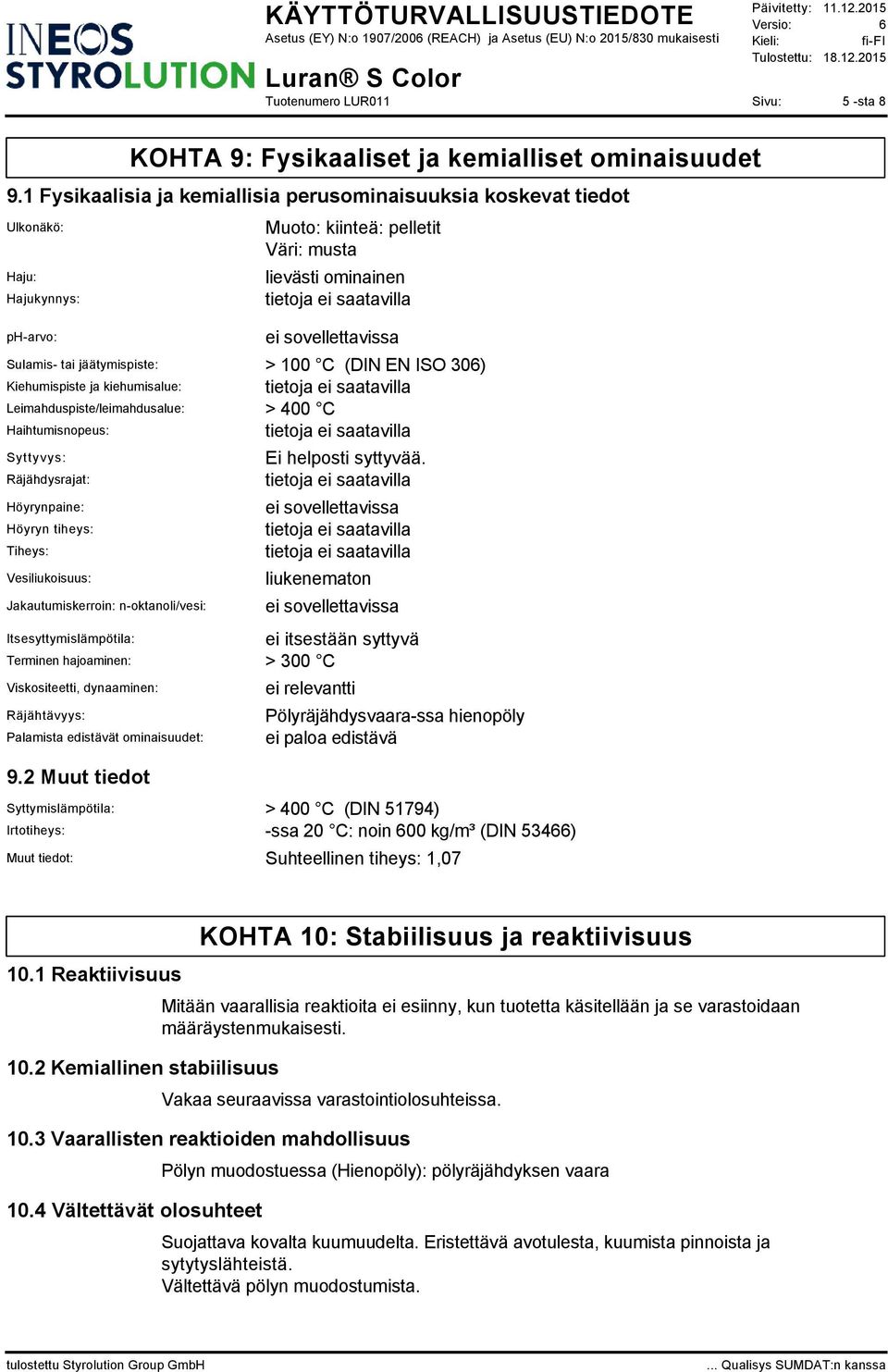 EN ISO 306) Kiehumispiste ja kiehumisalue: Leimahduspiste/leimahdusalue: > 400 C Haihtumisnopeus: Syttyvys: Räjähdysrajat: Höyrynpaine: Höyryn tiheys: Tiheys: Vesiliukoisuus: Jakautumiskerroin: