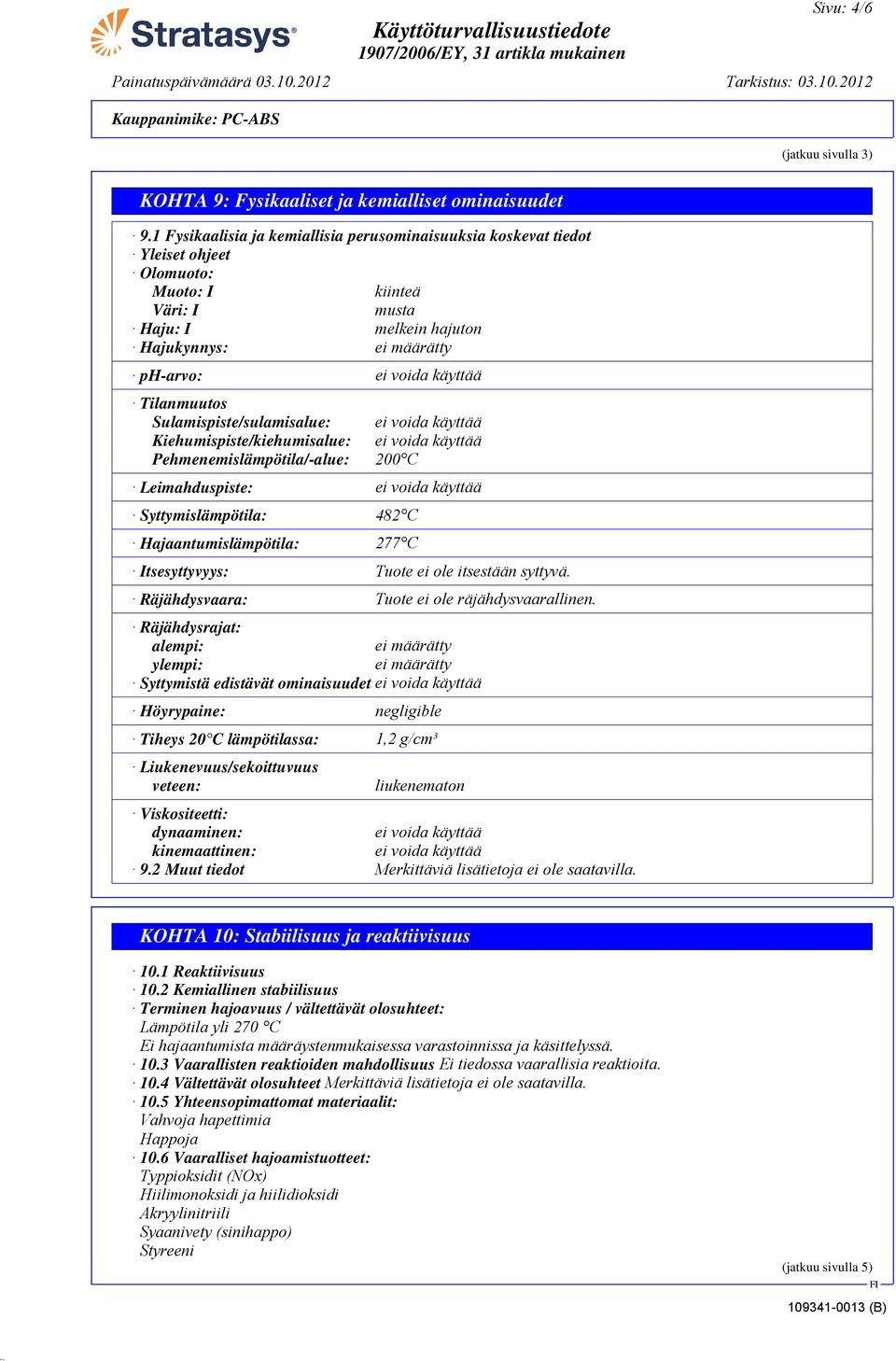 Tilanmuutos Sulamispiste/sulamisalue: ei voida käyttää Kiehumispiste/kiehumisalue: ei voida käyttää Pehmenemislämpötila/-alue: 200 C Leimahduspiste: ei voida käyttää Syttymislämpötila: 482 C