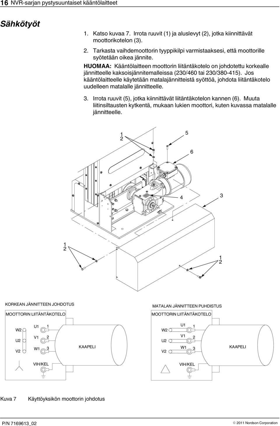 HUOMAA: Kääntölaitteen moottorin liitäntäkotelo on johdotettu korkealle jännitteelle kaksoisjännitemalleissa (0/460 tai 0/80-45).