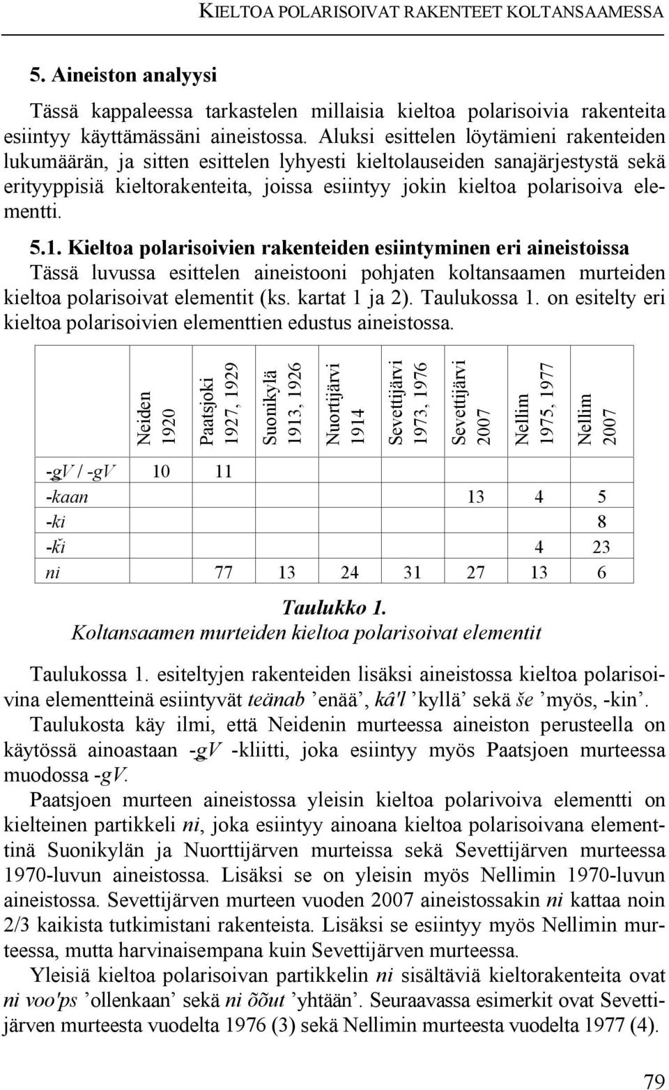 elementti. 5.1. Kieltoa polarisoivien rakenteiden esiintyminen eri aineistoissa Tässä luvussa esittelen aineistooni pohjaten koltansaamen murteiden kieltoa polarisoivat elementit (ks. kartat 1 ja 2).