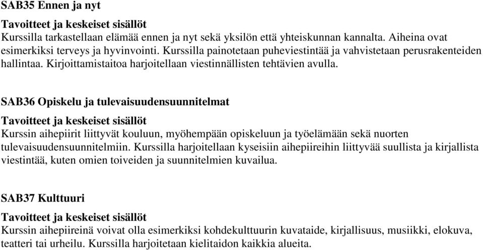 SAB36 Opiskelu ja tulevaisuudensuunnitelmat Kurssin aihepiirit liittyvät kouluun, myöhempään opiskeluun ja työelämään sekä nuorten tulevaisuudensuunnitelmiin.