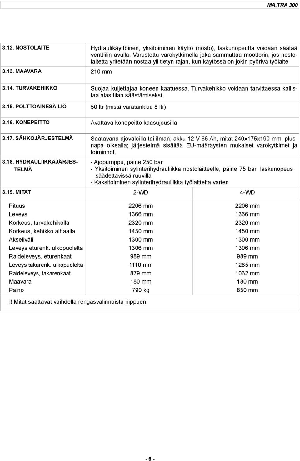 TURVAKEHIKKO Suojaa kuljettajaa koneen kaatuessa. Turvakehikko voidaan tarvittaessa kallistaa alas tilan säästämiseksi. 3.15. POLTTOAINESÄILIÖ 50 ltr (mistä varatankkia 8 ltr). 3.16.