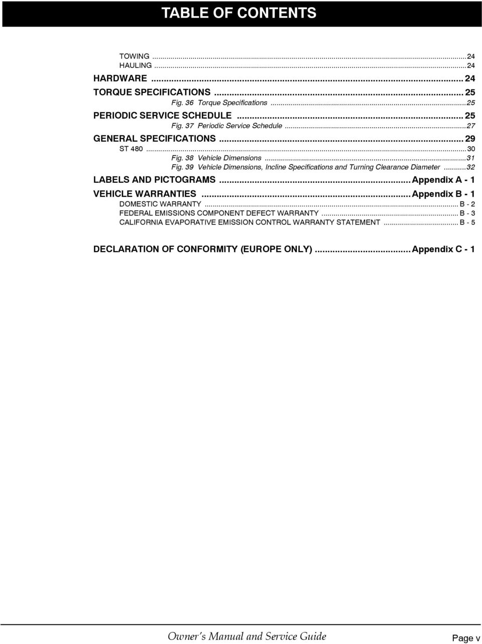 ..32 LABELS AND PICTOGRAMS... Appendix A - 1 VEHICLE WARRANTIES... Appendix B - 1 DOMESTIC WARRANTY... B - 2 FEDERAL EMISSIONS COMPONENT DEFECT WARRANTY.