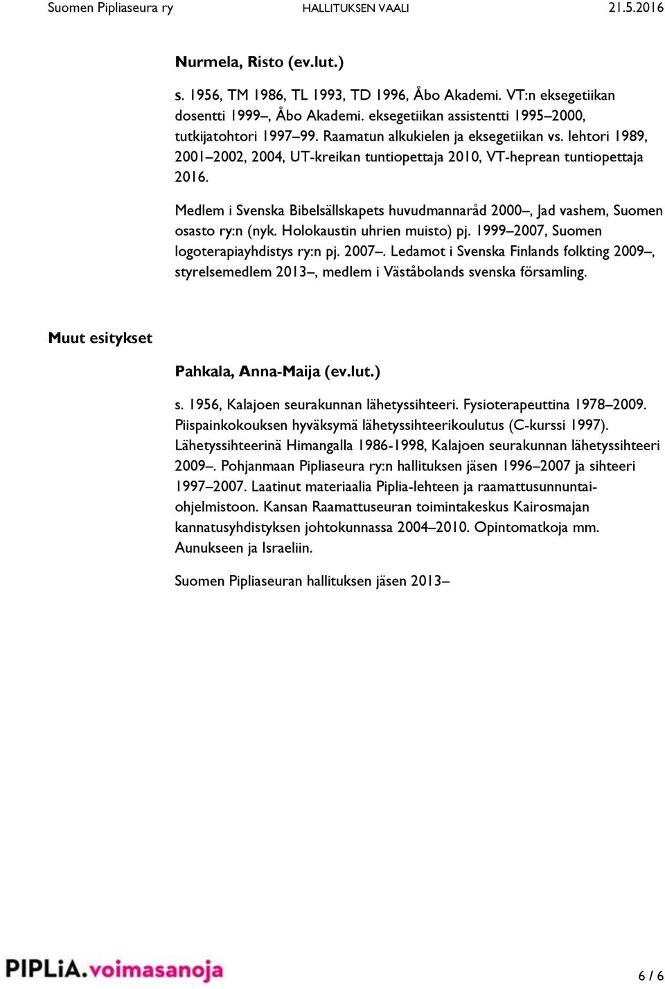 Medlem i Svenska Bibelsällskapets huvudmannaråd 2000, Jad vashem, Suomen osasto ry:n (nyk. Holokaustin uhrien muisto) pj. 1999 2007,