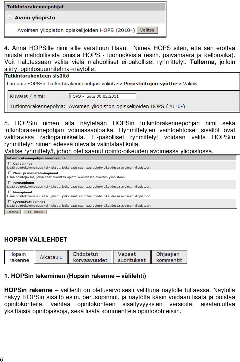 HOPSin nimen alla näytetään HOPSin tutkintorakennepohjan nimi sekä tutkintorakennepohjan voimassaoloaika. Ryhmittelyjen vaihtoehtoiset sisällöt ovat valittavissa radiopainikkeilla.