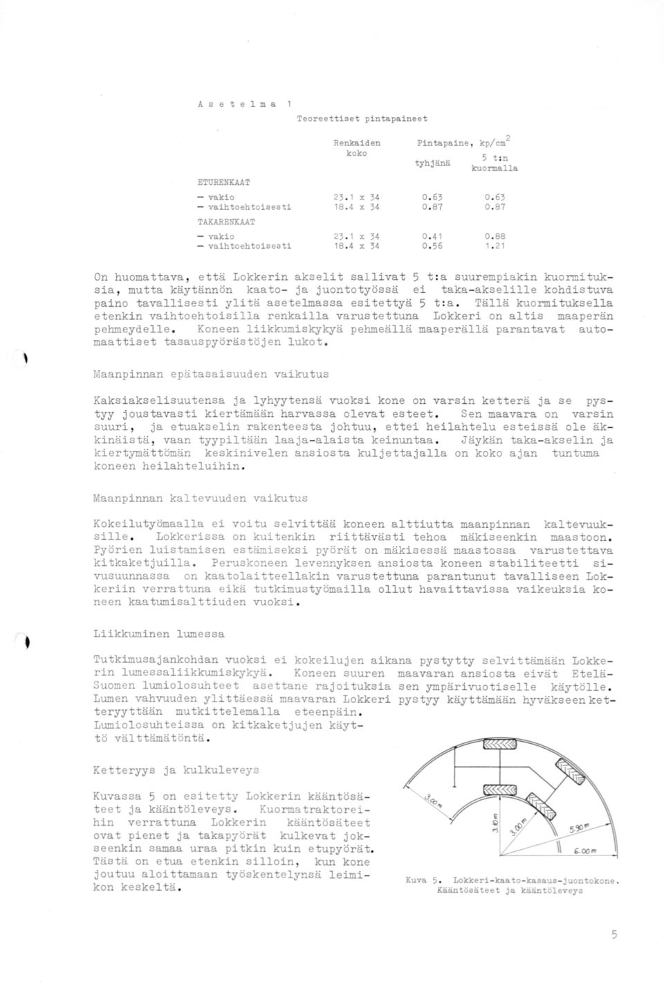 21 ' On huomattava, että Lokkerin akselit sallivat 5 t : a suurempiakin kuormituksia, mutta käytännön kaato- ja juontotyössä e i taka- akselille kohdistuva paino tavallisesti ylitä asetelmassa