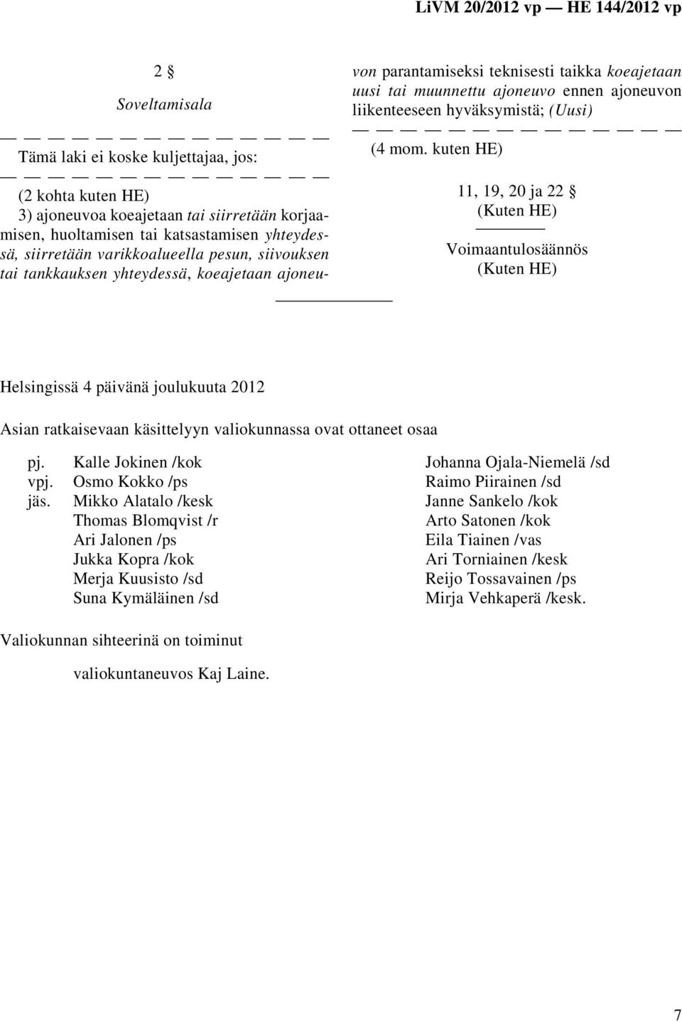 kuten HE) 11, 19, 20 ja 22 (Kuten HE) Voimaantulosäännös (Kuten HE) Helsingissä 4 päivänä joulukuuta 2012 Asian ratkaisevaan käsittelyyn valiokunnassa ovat ottaneet osaa pj. vpj. jäs.