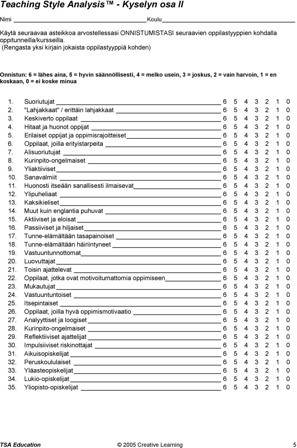 Suoriutujat 6 5 4 3 2 1 0 2. "Lahjakkaat" / erittäin lahjakkaat 6 5 4 3 2 1 0 3. Keskiverto oppilaat 6 5 4 3 2 1 0 4. Hitaat ja huonot oppijat 6 5 4 3 2 1 0 5.