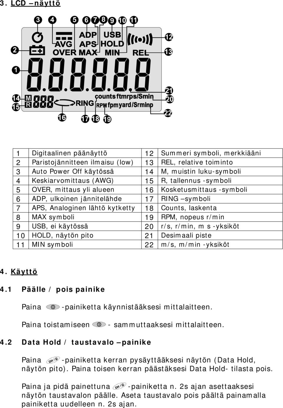 käytössä 0 r/s, r/min, m s yksiköt 0 HOLD, näytön pito Desimaali piste MIN symboli m/s, m/min yksiköt 4. Käyttö 4. Päälle / pois painike Paina painiketta käynnistääksesi mittalaitteen.