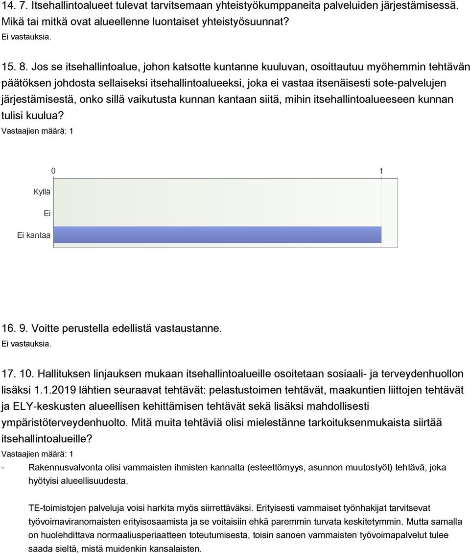 järjestämisestä, onko sillä vaikutusta kunnan kantaan siitä, mihin itsehallintoalueeseen kunnan tulisi kuulua? Kyllä 0 1 Ei Ei kantaa 16. 9. Voitte perustella edellistä vastaustanne. 17. 10.