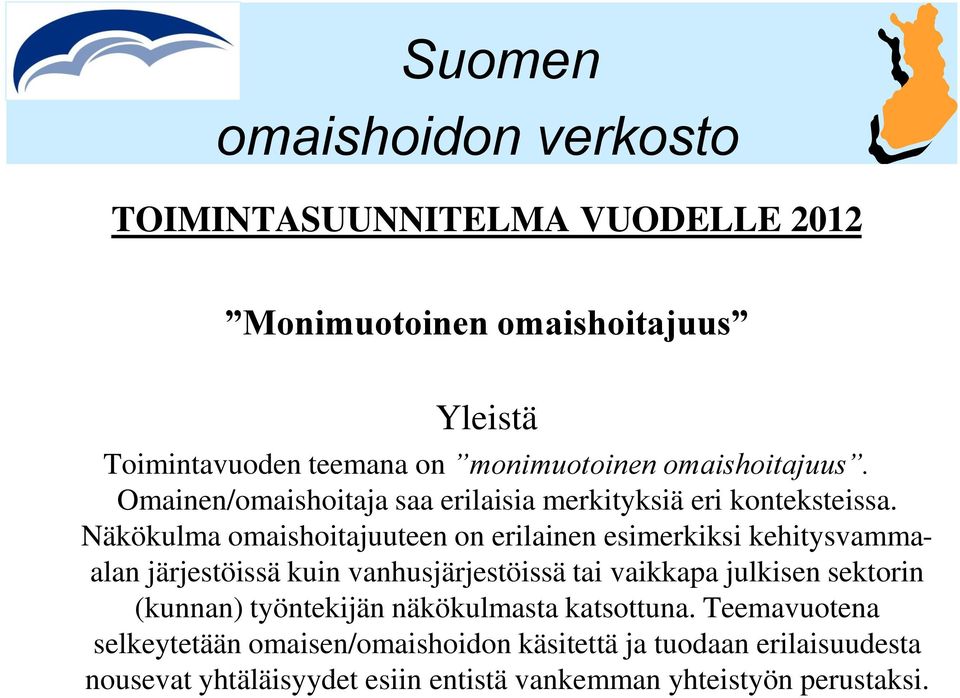 Näkökulma omaishoitajuuteen on erilainen esimerkiksi kehitysvammaalan järjestöissä kuin vanhusjärjestöissä tai vaikkapa julkisen