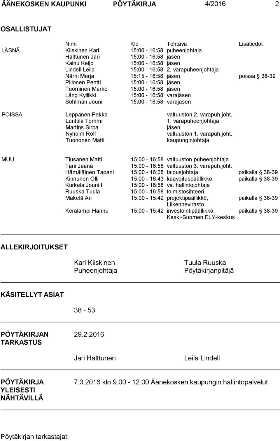 varapuheenjohtaja Närhi Merja 15:15-16:58 jäsen poissa 38-39 Piilonen Pentti 15:00-16:58 jäsen Tuominen Marke 15:00-16:58 jäsen Lång Kyllikki 15:00-16:58 varajäsen Sohlman Jouni 15:00-16:58 varajäsen