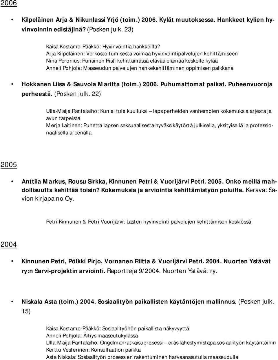 hankekehittäminen oppimisen paikkana Hokkanen Liisa & Sauvola Maritta (toim.) 2006. Puhumattomat paikat. Puheenvuoroja perheestä. (Posken julk.