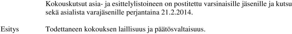 asialista varajäsenille perjantaina 21.2.2014.