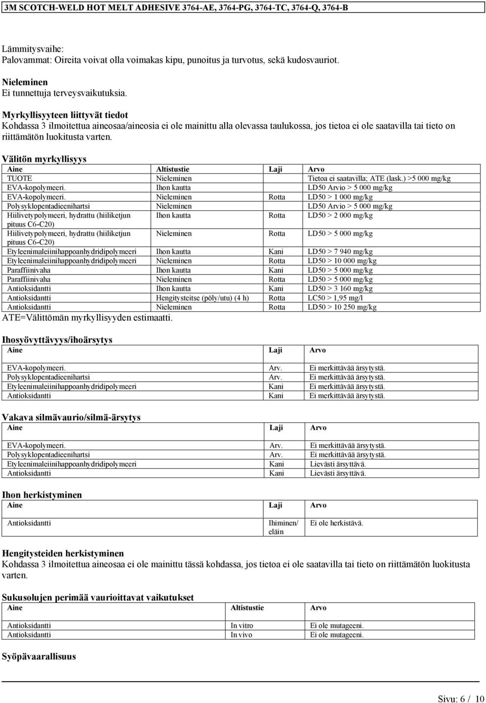 Altistustie Laji Arvo TUOTE Nieleminen Tietoa ei saatavilla; ATE (lask.) >5 000 mg/kg EVA-kopolymeeri. Ihon kautta LD50 Arvio > 5 000 mg/kg EVA-kopolymeeri.