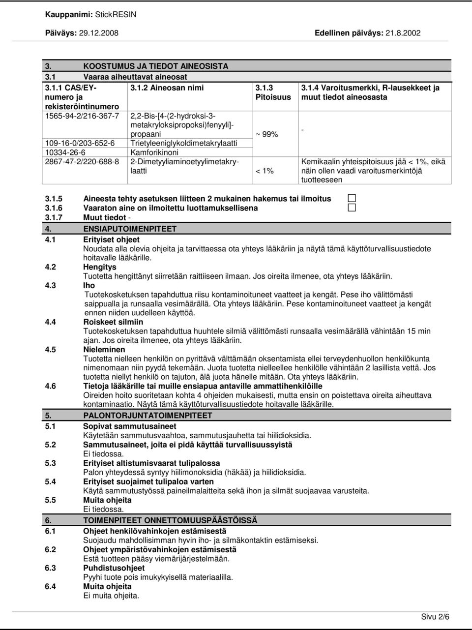 1 CAS/EYnumero ja rekisteröintinumero 3.1.2 Aineosan nimi 3.1.3 Pitoisuus 1565942/2163677 2,2Bis[4(2hydroksi3 metakryloksipropoksi)fenyyli] propaani ~ 99% 109160/2036526