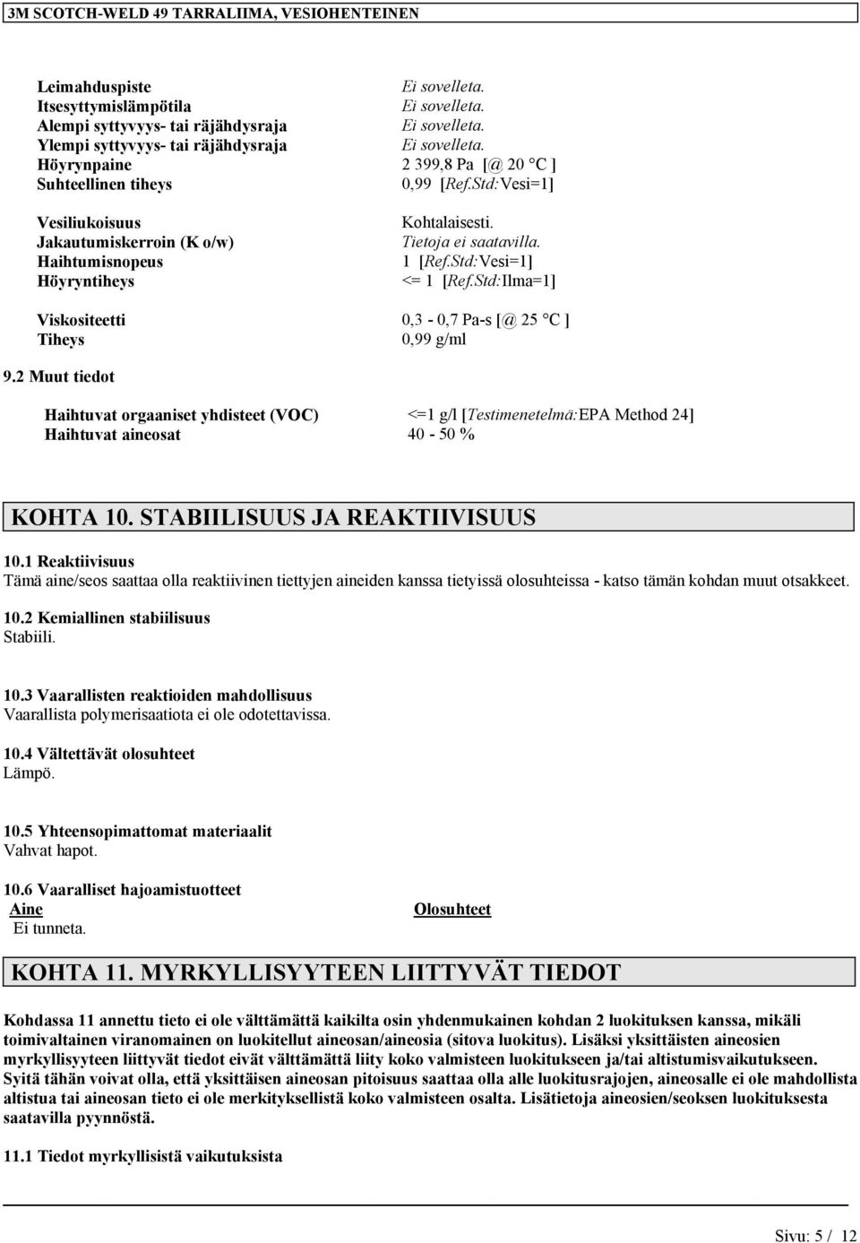 2 Muut tiedot Haihtuvat orgaaniset yhdisteet (VOC) <=1 g/l [Testimenetelmä:EPA Method 24] Haihtuvat aineosat 40-50 % KOHTA 10. STABIILISUUS JA REAKTIIVISUUS 10.