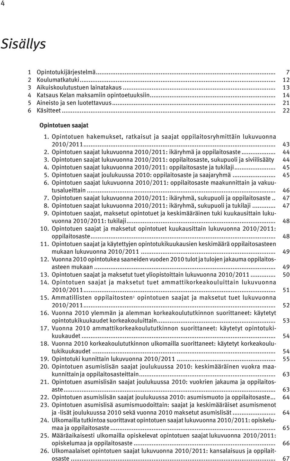 Opintotuen saajat lukuvuonna 2010/2011: oppilaitosaste, sukupuoli ja siviilisääty. 44 4. Opintotuen saajat lukuvuonna 2010/2011: oppilaitosaste ja tukilaji... 45 5.