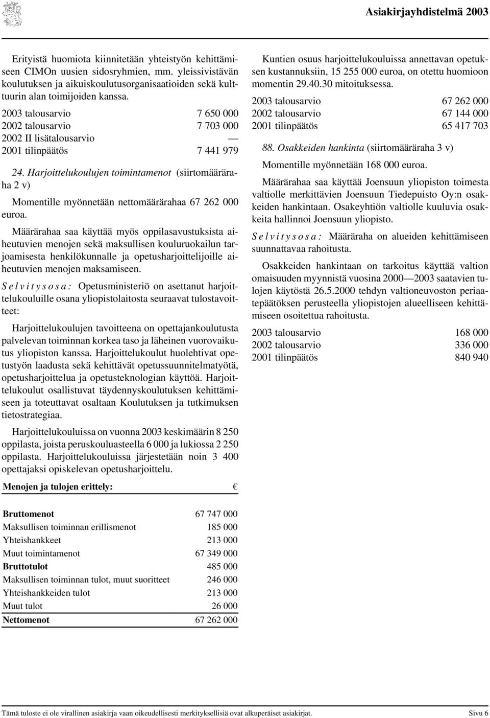 Harjoittelukoulujen toimintamenot (siirtomääräraha 2 v) Momentille myönnetään nettomäärärahaa 67 262 000 euroa.