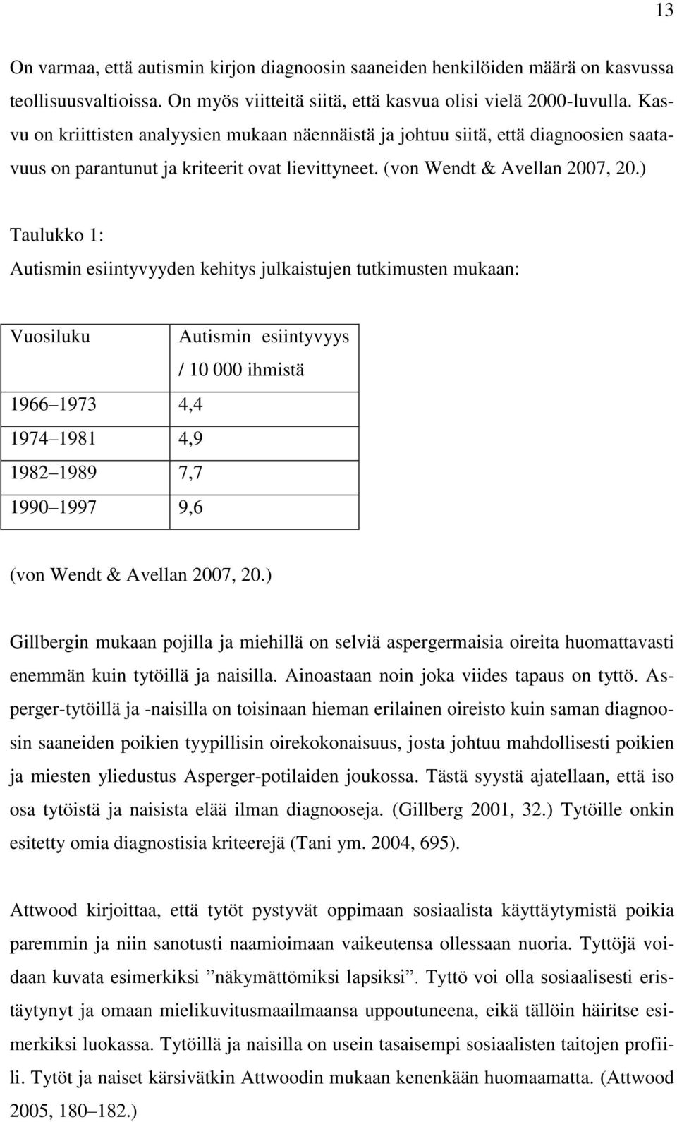 ) Taulukko 1: Autismin esiintyvyyden kehitys julkaistujen tutkimusten mukaan: Vuosiluku Autismin esiintyvyys / 10 000 ihmistä 1966 1973 4,4 1974 1981 4,9 1982 1989 7,7 1990 1997 9,6 (von Wendt &