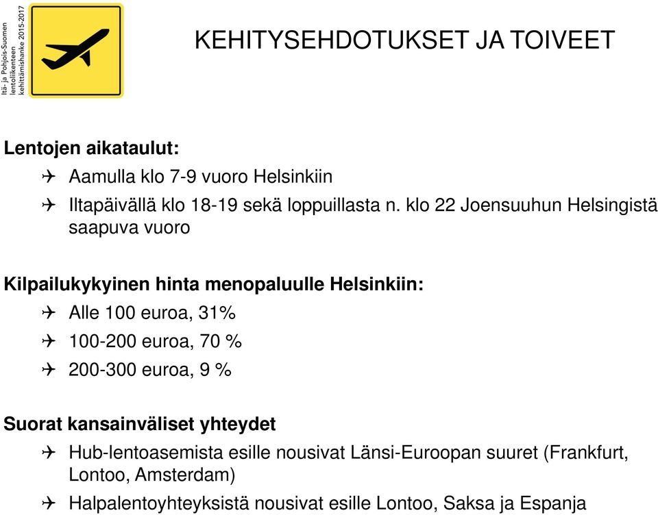 klo 22 Joensuuhun Helsingistä saapuva vuoro Kilpailukykyinen hinta menopaluulle Helsinkiin: Alle 100 euroa, 31%