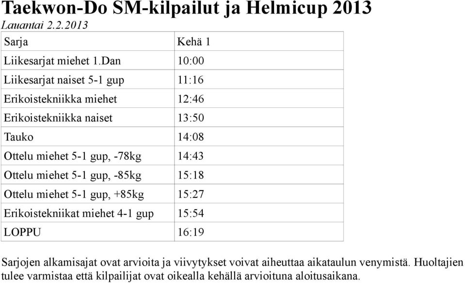 Erikoistekniikka naiset 13:50 Tauko 14:08 Ottelu miehet 5-1 gup, -78kg 14:43