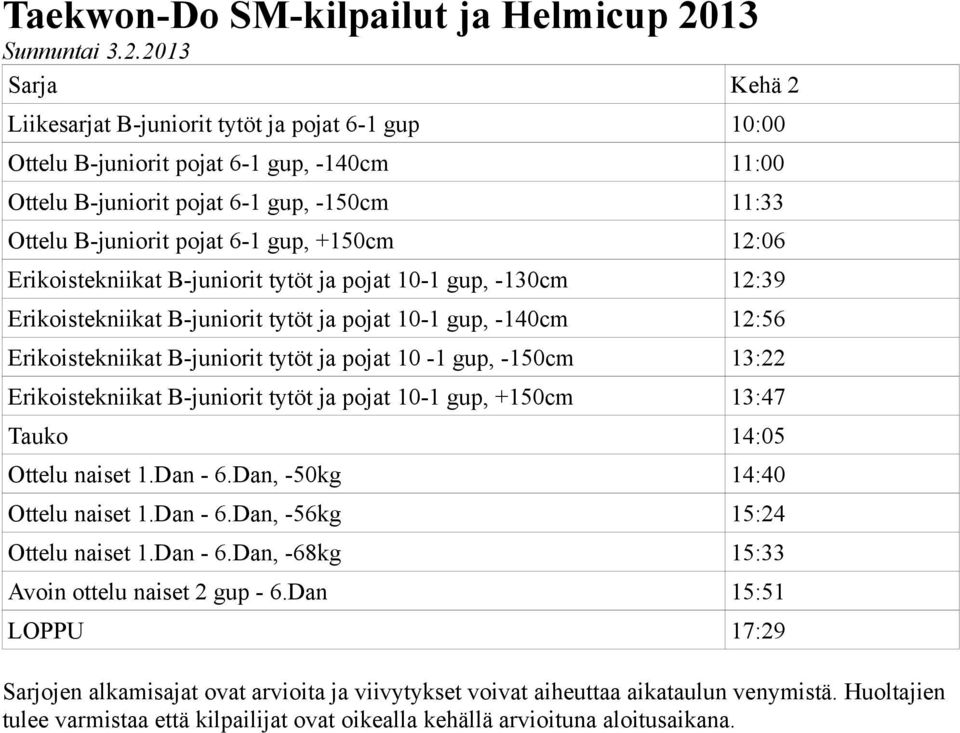 Ottelu B-juniorit pojat 6-1 gup, +150cm 12:06 Erikoistekniikat B-juniorit tytöt ja pojat 10-1 gup, -130cm 12:39 Erikoistekniikat B-juniorit tytöt ja pojat 10-1 gup,