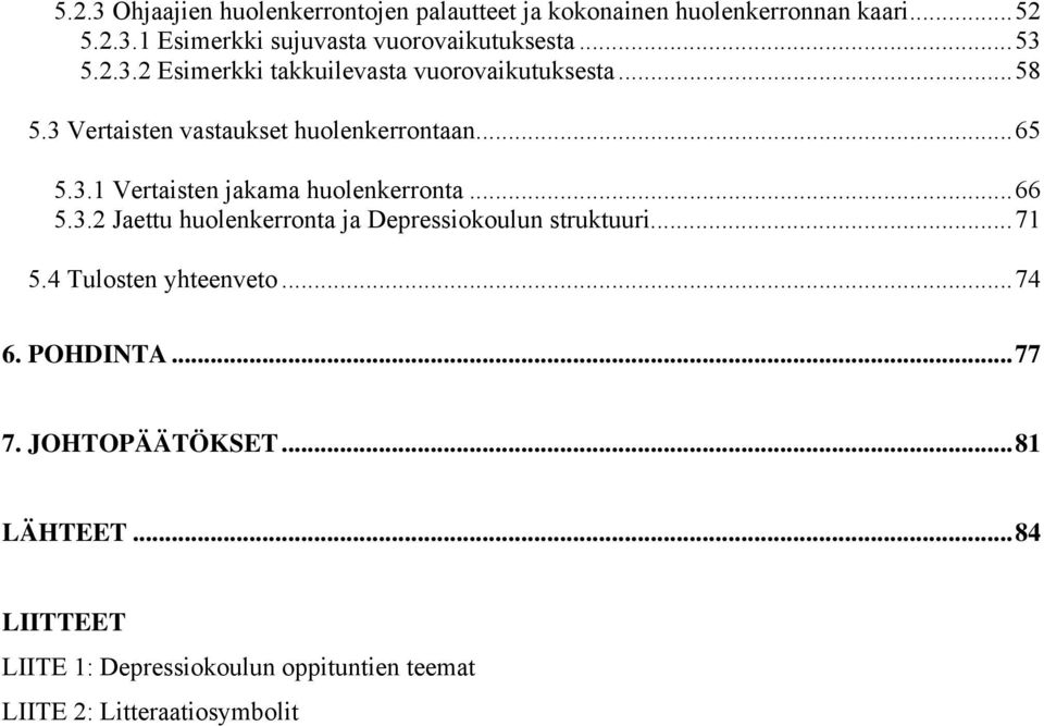 ..66 5.3.2 Jaettu huolenkerronta ja Depressiokoulun struktuuri...71 5.4 Tulosten yhteenveto...74 6. POHDINTA...77 7.