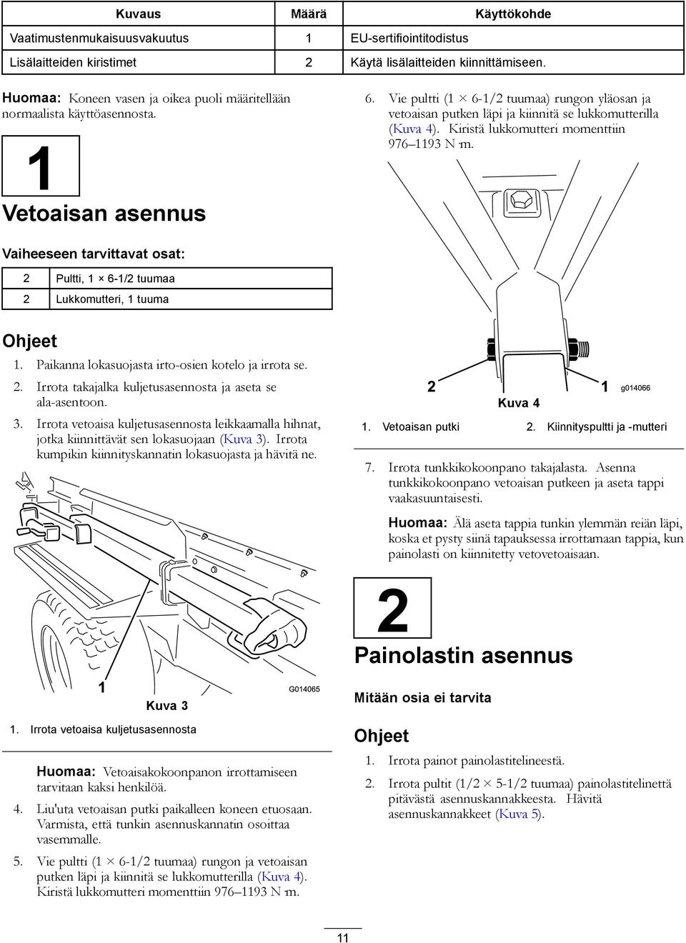 Vie pultti (1 6-1/2 tuumaa) rungon yläosan ja vetoaisan putken läpi ja kiinnitä se lukkomutterilla (Kuva 4). Kiristä lukkomutteri momenttiin 976 1193 N m.