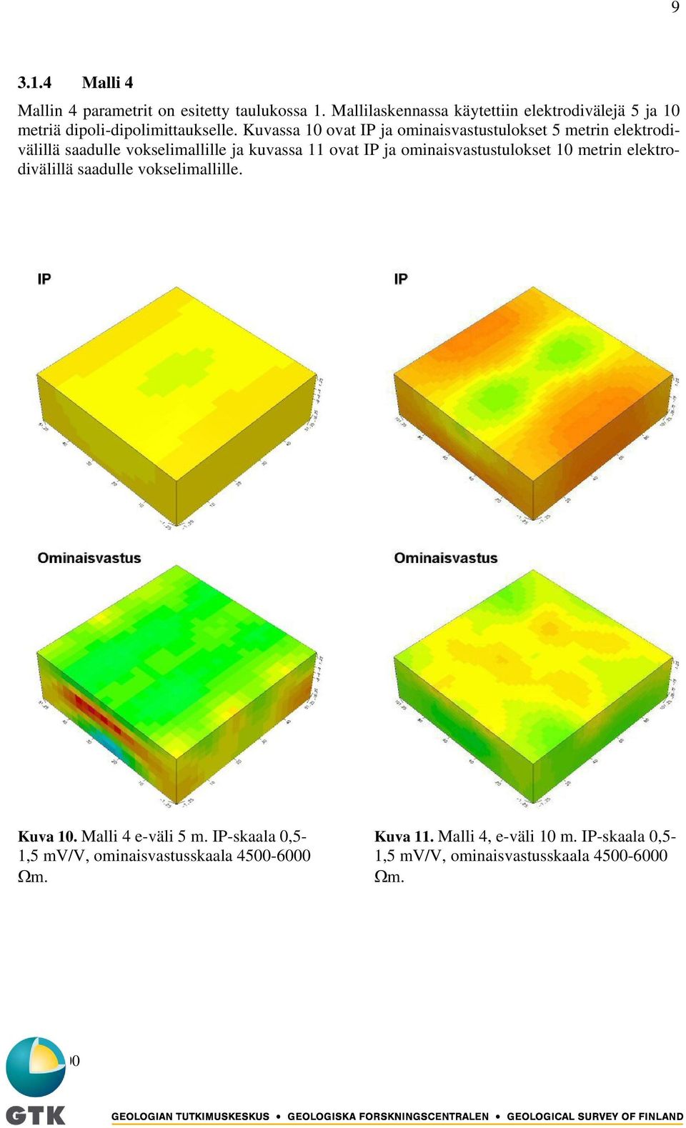 Kuvassa 10 ovat IP ja ominaisvastustulokset 5 metrin elektrodivälillä saadulle vokselimallille ja kuvassa 11 ovat IP ja