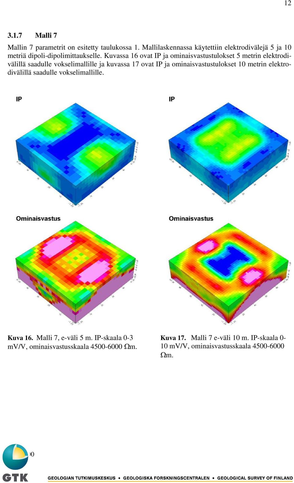 Kuvassa 16 ovat IP ja ominaisvastustulokset 5 metrin elektrodivälillä saadulle vokselimallille ja kuvassa 1 ovat IP ja