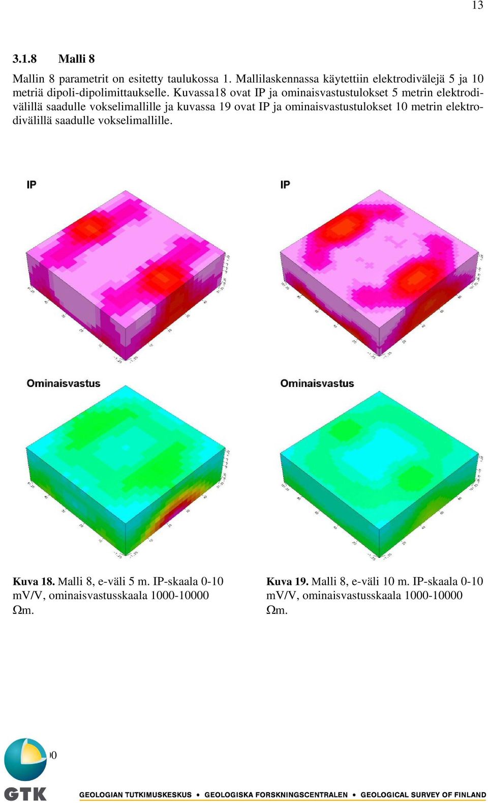 Kuvassa18 ovat IP ja ominaisvastustulokset 5 metrin elektrodivälillä saadulle vokselimallille ja kuvassa 19 ovat IP ja