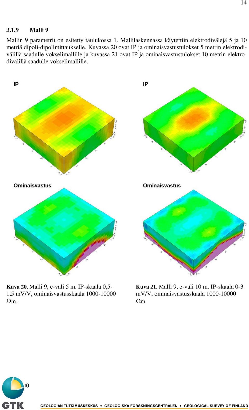 Kuvassa 20 ovat IP ja ominaisvastustulokset 5 metrin elektrodivälillä saadulle vokselimallille ja kuvassa 21 ovat IP ja